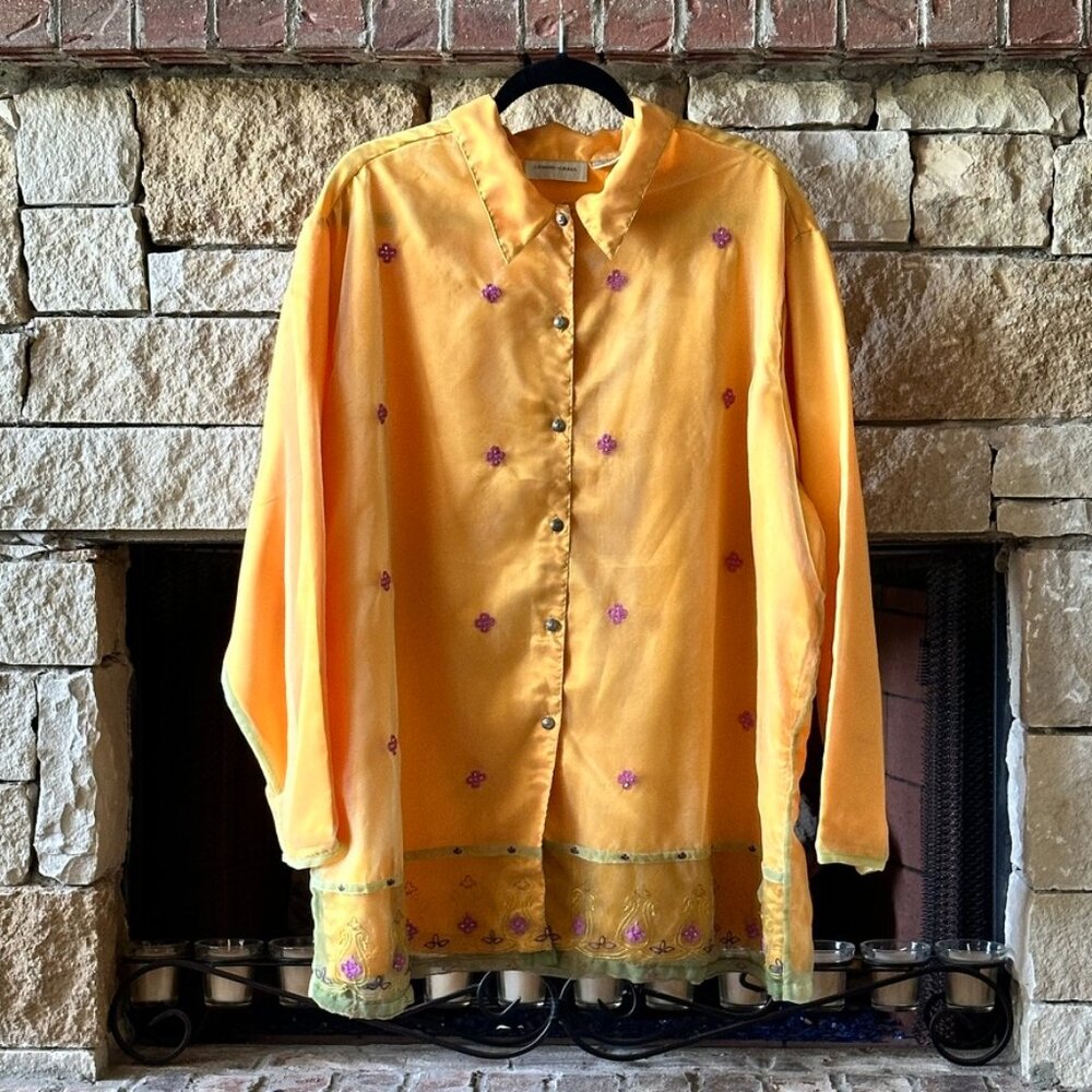 Lemon Grass Sheer Overlay Chiffon Embroidered Marigold Satin Blouse SZ 24W